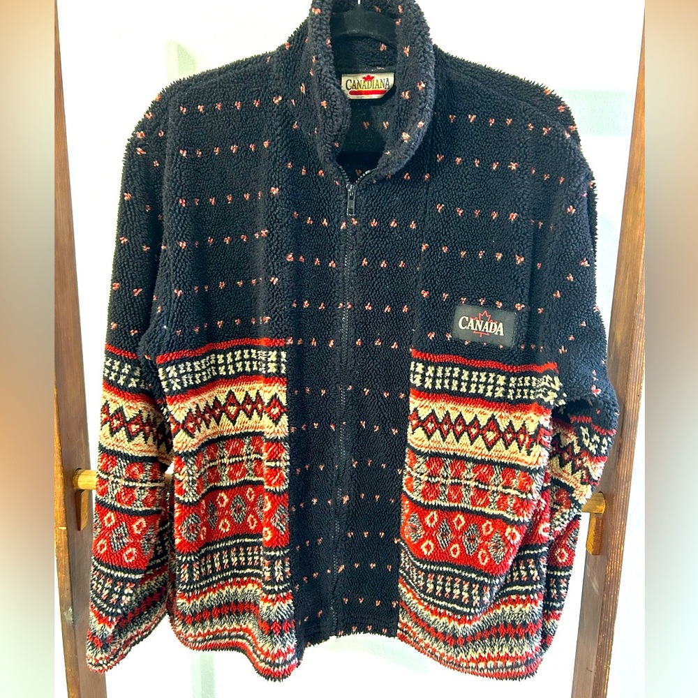 Vintage 90’s Canadiana Boho Canada Zip-Up Fleece Jacket Size Large
